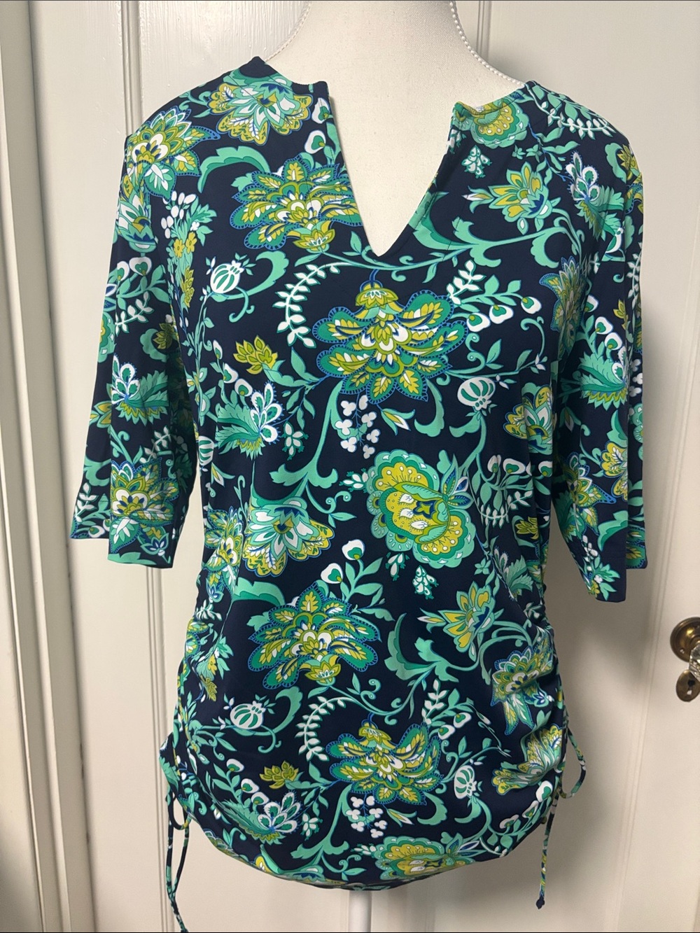 Lands' End Navy Floral V-Neck Ruched Side Swim Rash Guard
